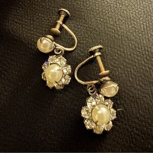 Vintage Signed Sterling Pearl & Rhinestone Screw Back Earrings